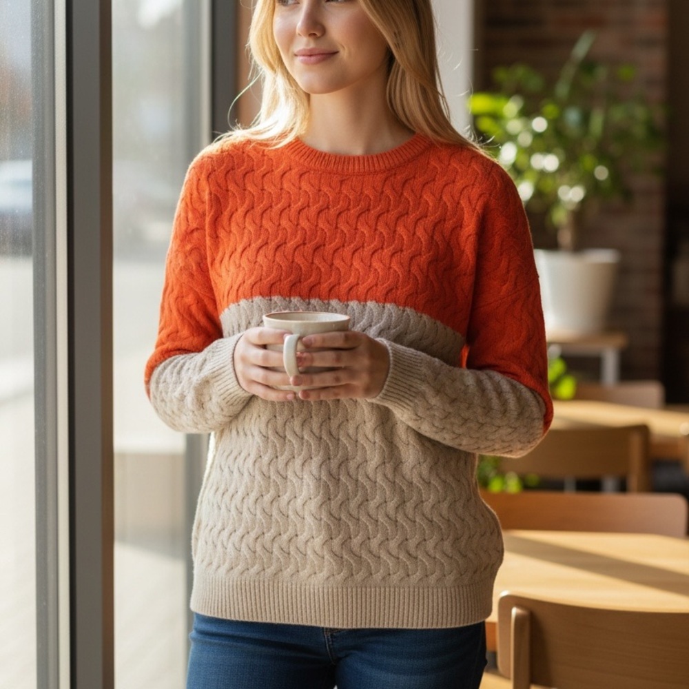 Orange and Grey Cable Knit Sweater